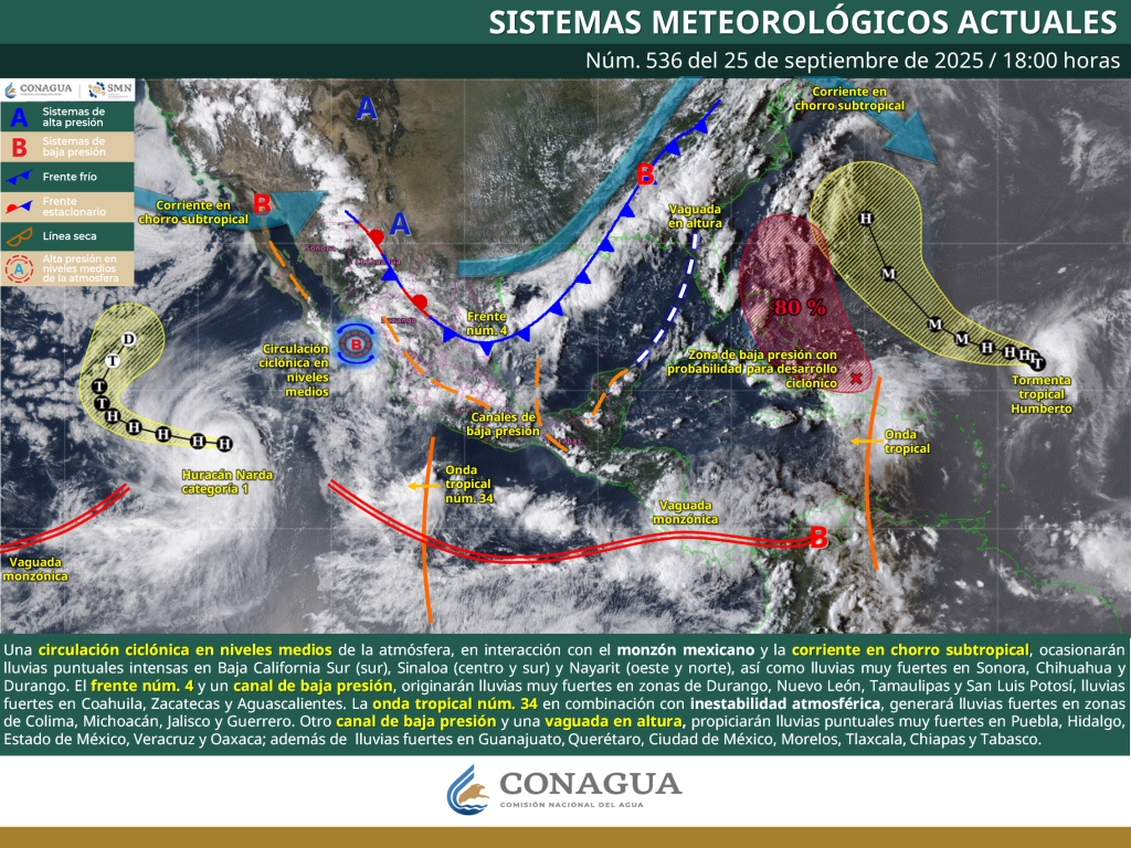 Mapa de lluvias en México 26 de septiembre 2025: Pronóstico con lluvias intensas en Sinaloa, Puebla, Veracruz y Oaxaca.