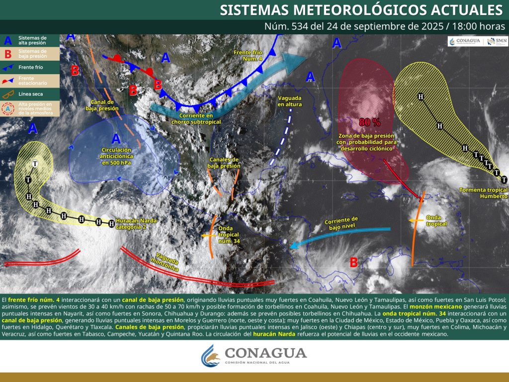 Mapa de pronóstico meteorológico de lluvias en México 25 de septiembre 2025